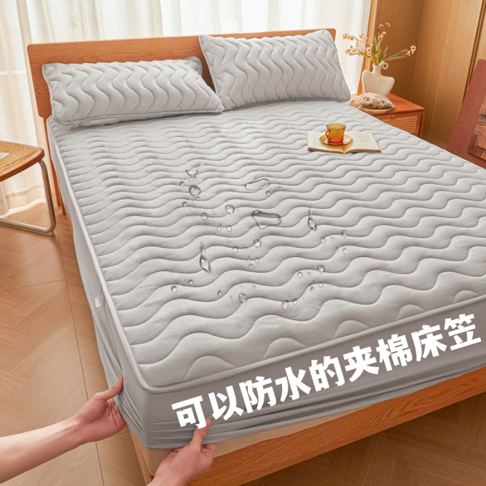 91家纺网 家纺一手货源 找家纺 初心家纺 2025新款原棉防水夹棉窗帘床护罩单件席梦思保护套防水床罩 浅灰