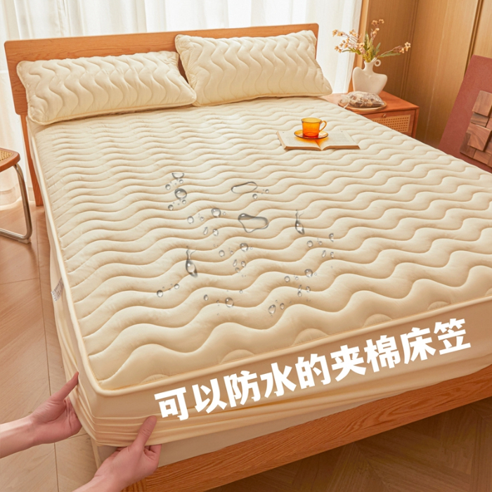 91家纺网 家纺一手货源 找家纺 初心家纺 2025新款原棉防水夹棉窗帘床护罩单件席梦思保护套防水床罩 米白