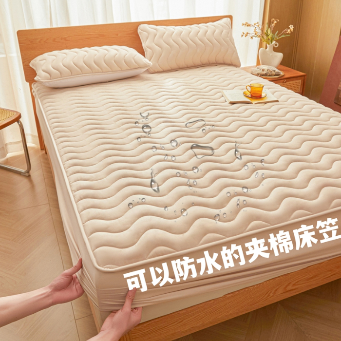 91家纺网 家纺一手货源 找家纺 初心家纺 2025新款原棉防水夹棉窗帘床护罩单件席梦思保护套防水床罩 卡其