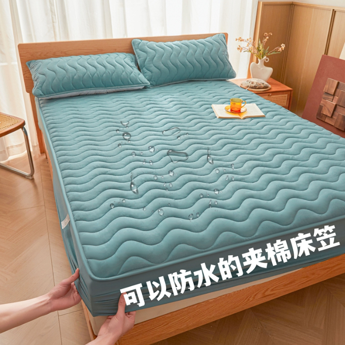 91家纺网 家纺一手货源 找家纺 初心家纺 2025新款原棉防水夹棉窗帘床护罩单件席梦思保护套防水床罩 蓝