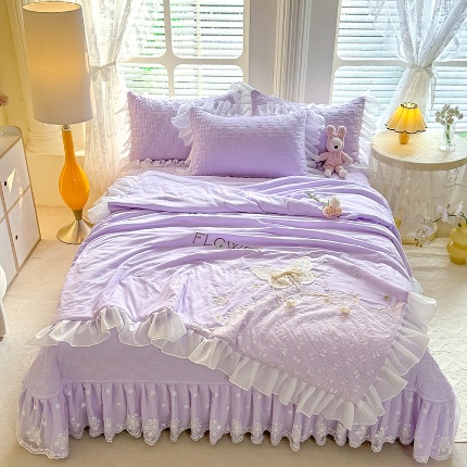 91家纺网 家纺一手货源 找家纺 （总）漫布云家纺2025春夏新品韩版甜美公主风全棉双层纱水洗棉床盖四件套刺绣针织棉双层纱纯棉棉麻全棉少女心夹棉床裙款夏被款床盖四件套