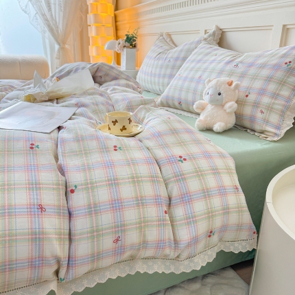 91家纺网 家纺一手货源 找家纺 （总）【苏东来】2025韩版蕾丝花边纯棉全棉双层纱四件套全棉纯棉小碎花印花四件套法式赫本公主风韩系皱皱纱花边四件套针织棉四件套件