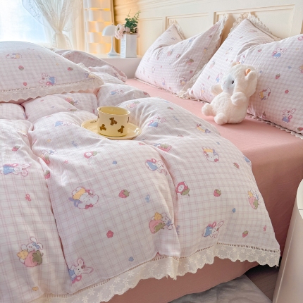 91家纺网 家纺一手货源 找家纺 （总）【苏东来】2025韩版蕾丝花边纯棉全棉双层纱四件套全棉纯棉小碎花印花四件套法式赫本公主风韩系皱皱纱花边四件套针织棉四件套件