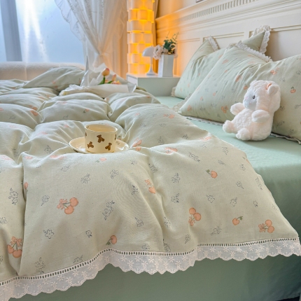 91家纺网 家纺一手货源 找家纺 （总）【苏东来】2025韩版蕾丝花边纯棉全棉双层纱四件套全棉纯棉小碎花印花四件套法式赫本公主风韩系皱皱纱花边四件套针织棉四件套件