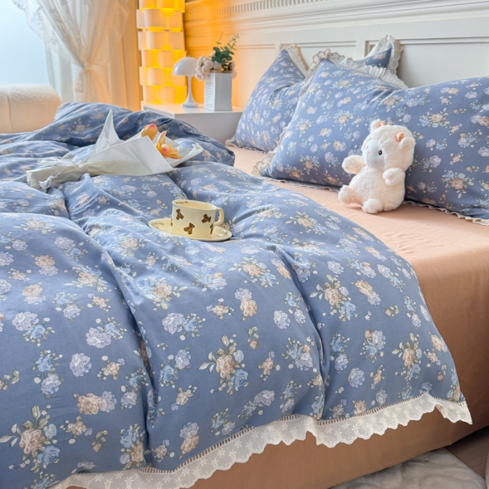 91家纺网 家纺一手货源 找家纺 （总）【苏东来】2025韩版蕾丝花边纯棉全棉双层纱四件套全棉纯棉小碎花印花四件套法式赫本公主风韩系皱皱纱花边四件套针织棉四件套件