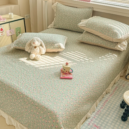 91家纺网 家纺一手货源 找家纺 （总）2025款全棉床盖花边款三件套ins清新风花卉系列床垫枕套四季通用床上用品