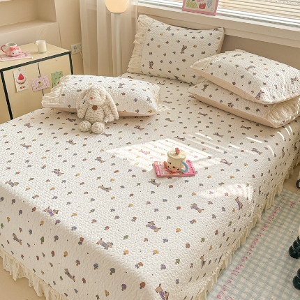 91家纺网 家纺一手货源 找家纺 （总）2025款全棉床盖花边款三件套ins清新风花卉系列床垫枕套四季通用床上用品