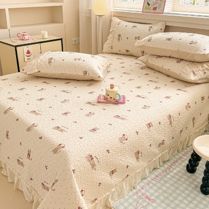 91家纺网 家纺一手货源 找家纺 （总）2025款全棉床盖花边款三件套ins清新风花卉系列床垫枕套四季通用床上用品