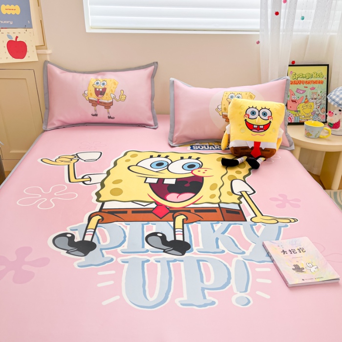 91家纺网 家纺一手货源 找家纺 金爱家 2025新款冰丝凉席海绵宝宝 冰丝-爱喝海绵宝宝粉