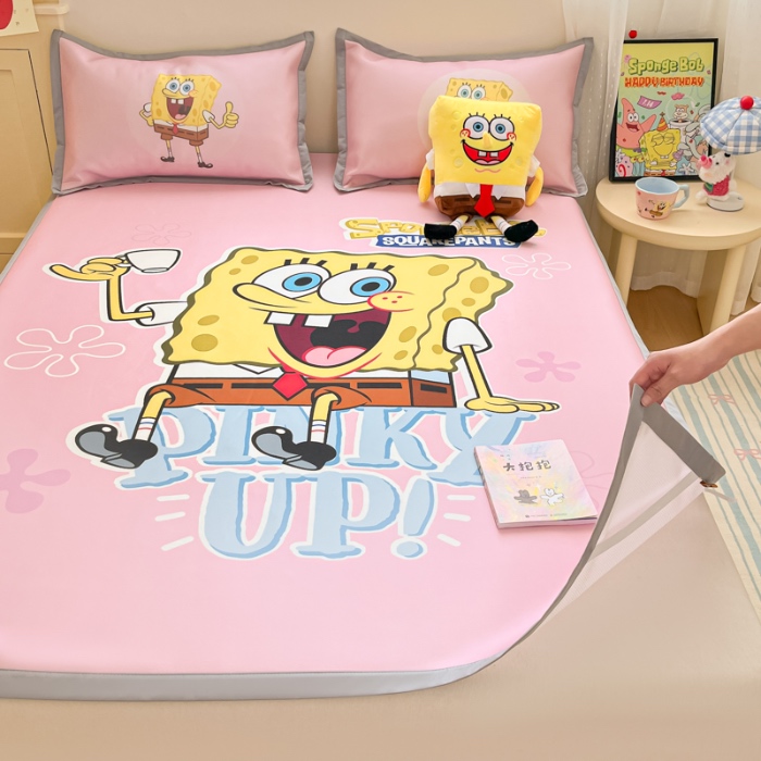 91家纺网 家纺一手货源 找家纺 金爱家 2025新款冰丝凉席海绵宝宝 冰丝-爱喝海绵宝宝粉