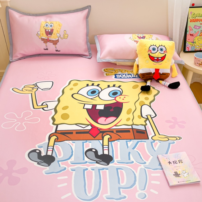 91家纺网 家纺一手货源 找家纺 金爱家 2025新款冰丝凉席海绵宝宝 冰丝-爱喝海绵宝宝粉