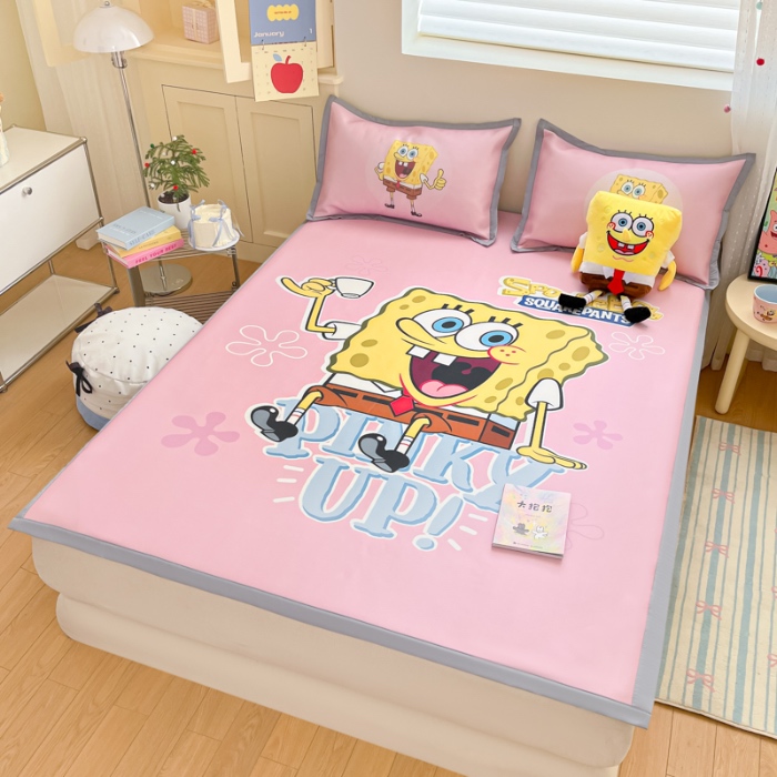 91家纺网 家纺一手货源 找家纺 金爱家 2025新款冰丝凉席海绵宝宝 冰丝-爱喝海绵宝宝粉