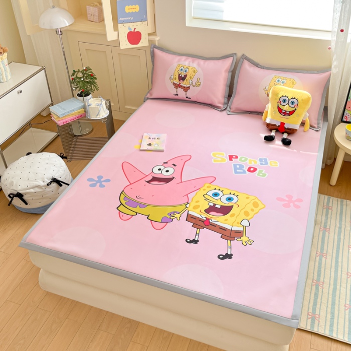 91家纺网 家纺一手货源 找家纺 金爱家 2025新款冰丝凉席海绵宝宝 冰丝-粉粉海绵宝宝