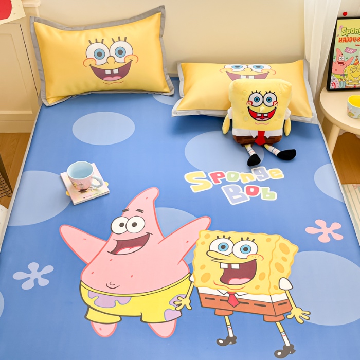 91家纺网 家纺一手货源 找家纺 金爱家 2025新款冰丝凉席海绵宝宝 冰丝-蓝蓝海绵宝宝