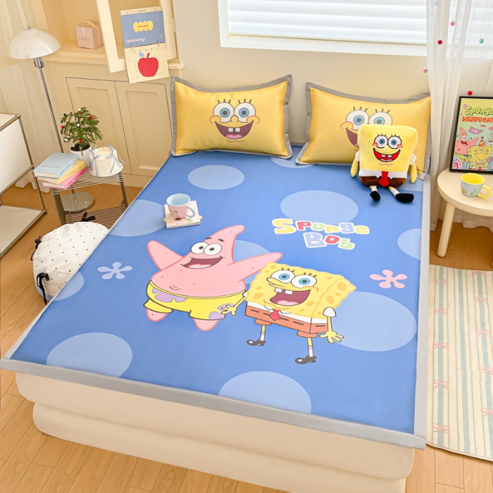 91家纺网 家纺一手货源 找家纺 金爱家 2025新款冰丝凉席海绵宝宝 冰丝-蓝蓝海绵宝宝