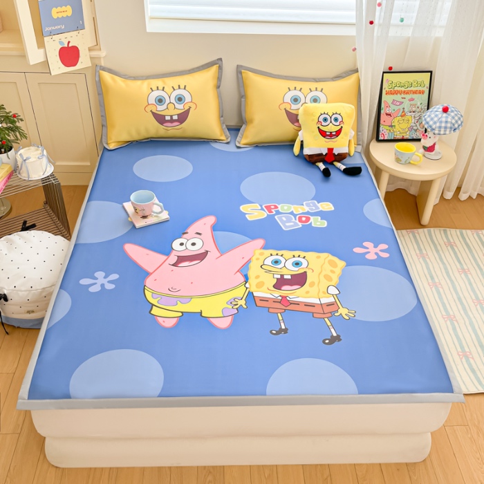 91家纺网 家纺一手货源 找家纺 金爱家 2025新款冰丝凉席海绵宝宝 冰丝-蓝蓝海绵宝宝