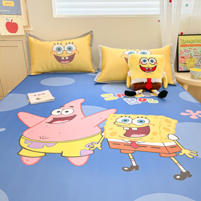 91家纺网 家纺一手货源 找家纺 金爱家 2025新款冰丝凉席海绵宝宝 冰丝-蓝蓝海绵宝宝