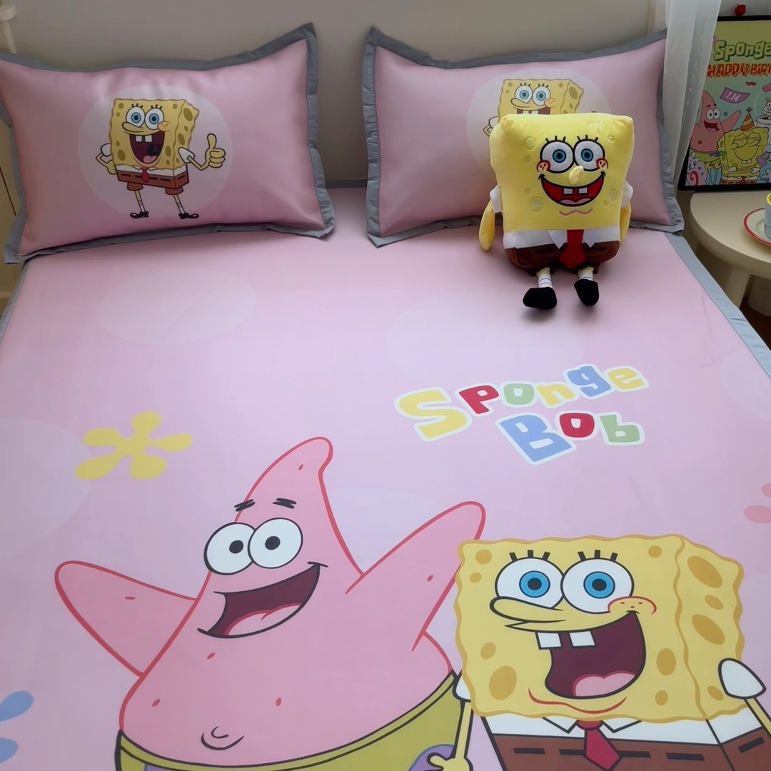 91家纺网 家纺一手货源 找家纺 金爱家 2025新款冰丝凉席海绵宝宝 冰丝-粉粉海绵宝宝