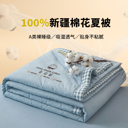 91家纺网 家纺一手货源 找家纺 创优家纺 2025新款无印风格子新疆棉夏被空调被纯棉花被夏被子薄被芯水洗棉包检测 新疆棉-蓝色