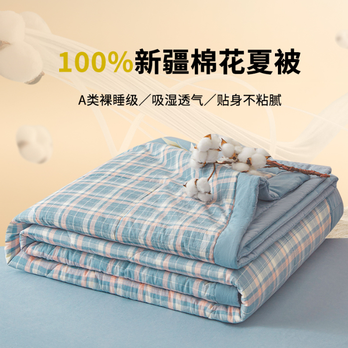 91家纺网 家纺一手货源 找家纺 创优家纺 2025新款无印风格子新疆棉夏被空调被纯棉花被夏被子薄被芯水洗棉包检测 印象蓝