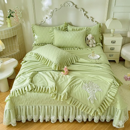 91家纺网 家纺一手货源 找家纺 （总）漫布云家纺2025春夏新品韩版甜美公主风超柔水洗棉床盖四件套刺绣针织棉双层纱纯棉棉麻全棉少女心夹棉床裙款夏被款床盖