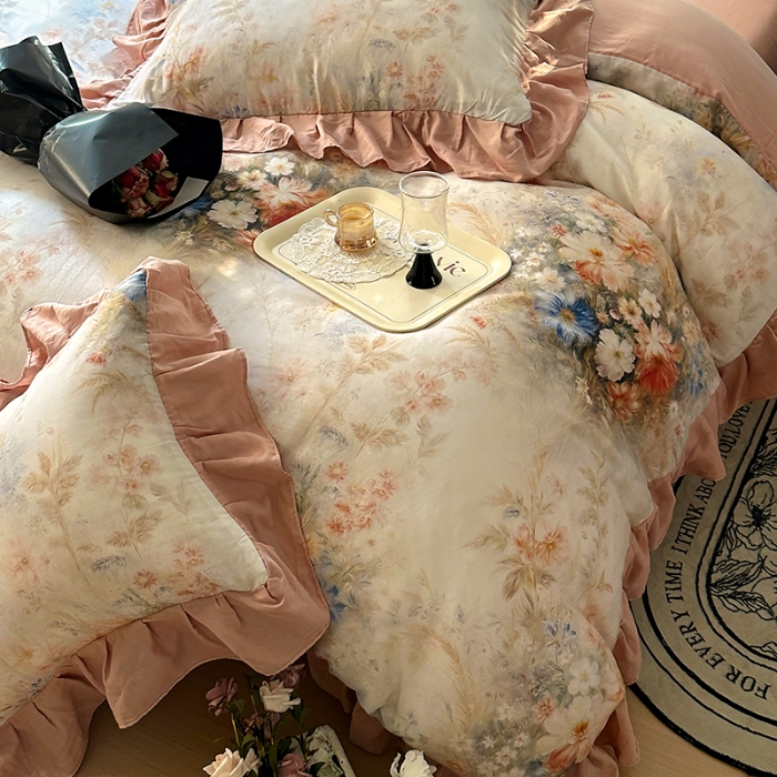 91家纺网 家纺一手货源 找家纺 【苏东来】2025高端韩版法式花边纯棉全棉双层纱四件套复古赫本公主风浪漫荷叶边花卉纯棉四件套被套床单 爱丽丝