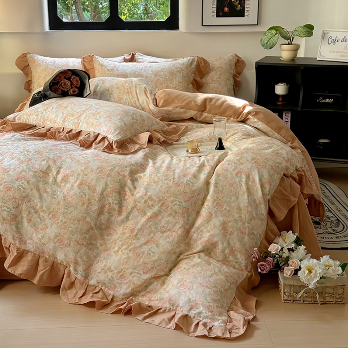 91家纺网 家纺一手货源 找家纺 【苏东来】2025高端韩版法式花边纯棉全棉双层纱四件套复古赫本公主风浪漫荷叶边花卉纯棉四件套被套床单 暮色玫瑰