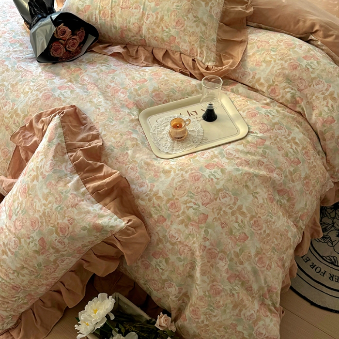 91家纺网 家纺一手货源 找家纺 【苏东来】2025高端韩版法式花边纯棉全棉双层纱四件套复古赫本公主风浪漫荷叶边花卉纯棉四件套被套床单 暮色玫瑰