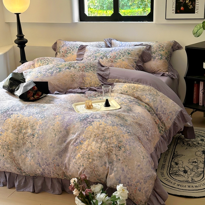 91家纺网 家纺一手货源 找家纺 【苏东来】2025高端韩版法式花边纯棉全棉双层纱四件套复古赫本公主风浪漫荷叶边花卉纯棉四件套被套床单 疏影