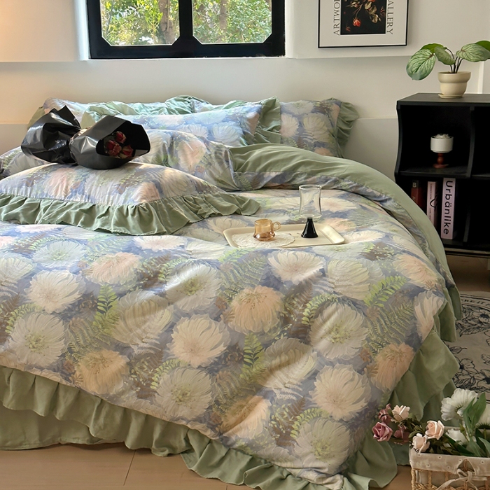 91家纺网 家纺一手货源 找家纺 【苏东来】2025高端韩版法式花边纯棉全棉双层纱四件套复古赫本公主风浪漫荷叶边花卉纯棉四件套被套床单 虞美人