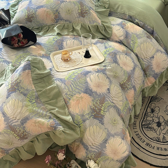 91家纺网 家纺一手货源 找家纺 【苏东来】2025高端韩版法式花边纯棉全棉双层纱四件套复古赫本公主风浪漫荷叶边花卉纯棉四件套被套床单 虞美人