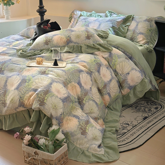 91家纺网 家纺一手货源 找家纺 【苏东来】2025高端韩版法式花边纯棉全棉双层纱四件套复古赫本公主风浪漫荷叶边花卉纯棉四件套被套床单 虞美人