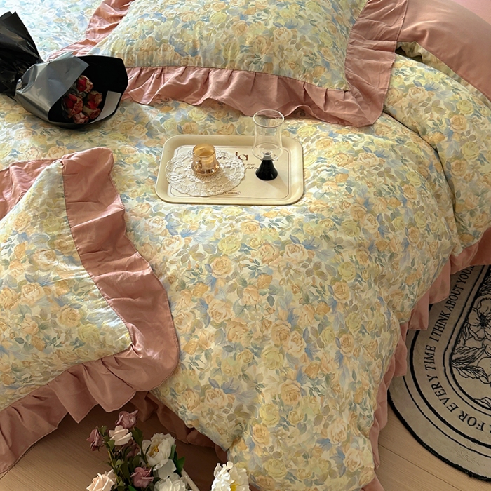 91家纺网 家纺一手货源 找家纺 【苏东来】2025高端韩版法式花边纯棉全棉双层纱四件套复古赫本公主风浪漫荷叶边花卉纯棉四件套被套床单 蔷薇恋人