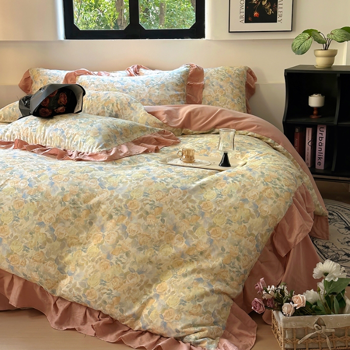 91家纺网 家纺一手货源 找家纺 【苏东来】2025高端韩版法式花边纯棉全棉双层纱四件套复古赫本公主风浪漫荷叶边花卉纯棉四件套被套床单 蔷薇恋人