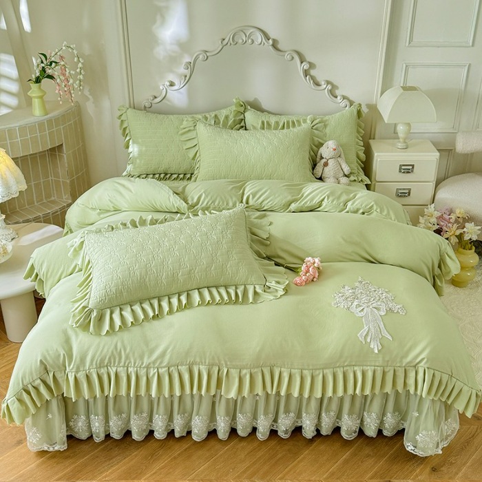 91家纺网 家纺一手货源 找家纺 漫布云家纺2025春夏新品韩版甜美公主风超柔水洗棉床盖四件套刺绣针织棉双层纱纯棉棉麻全棉少女心夹棉床裙款夏被款床盖 花夕-嫩芽绿 