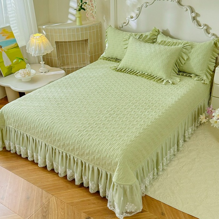 91家纺网 家纺一手货源 找家纺 漫布云家纺2025春夏新品韩版甜美公主风超柔水洗棉床盖四件套刺绣针织棉双层纱纯棉棉麻全棉少女心夹棉床裙款夏被款床盖 花夕-嫩芽绿 