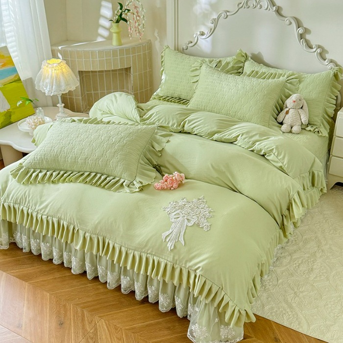 91家纺网 家纺一手货源 找家纺 漫布云家纺2025春夏新品韩版甜美公主风超柔水洗棉床盖四件套刺绣针织棉双层纱纯棉棉麻全棉少女心夹棉床裙款夏被款床盖 花夕-嫩芽绿 