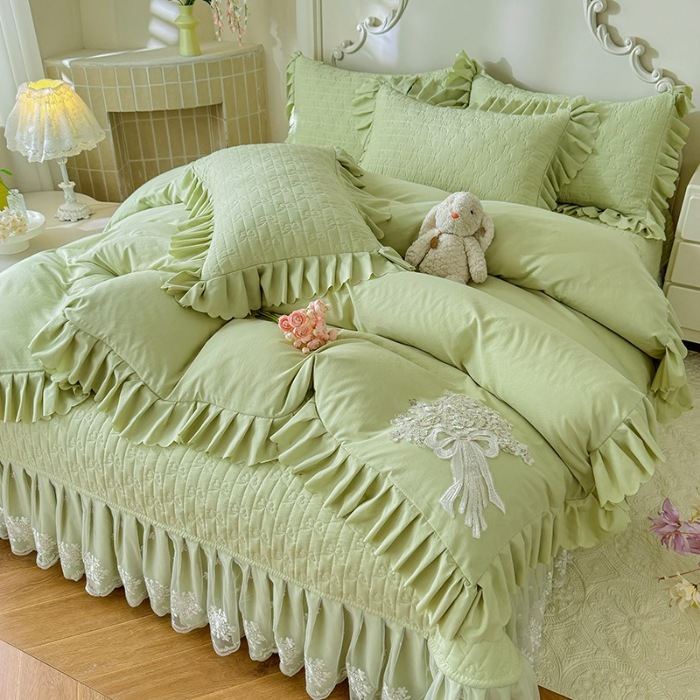 91家纺网 家纺一手货源 找家纺 漫布云家纺2025春夏新品韩版甜美公主风超柔水洗棉床盖四件套刺绣针织棉双层纱纯棉棉麻全棉少女心夹棉床裙款夏被款床盖 花夕-嫩芽绿 