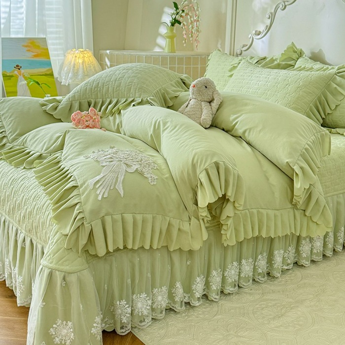 91家纺网 家纺一手货源 找家纺 漫布云家纺2025春夏新品韩版甜美公主风超柔水洗棉床盖四件套刺绣针织棉双层纱纯棉棉麻全棉少女心夹棉床裙款夏被款床盖 花夕-嫩芽绿 