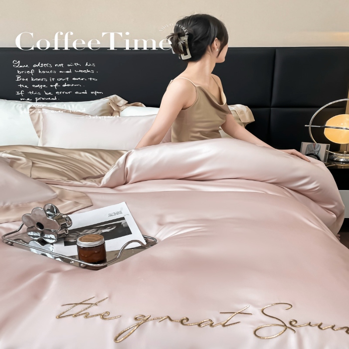 91家纺网 家纺一手货源 找家纺 春夏新品超细旦冷凝刺绣四件套100%莱赛尔高档礼盒装 冰梅粉-缦悦-超细旦