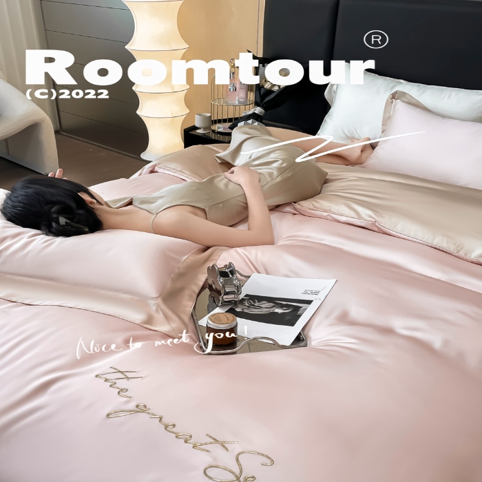 91家纺网 家纺一手货源 找家纺 春夏新品超细旦冷凝刺绣四件套100%莱赛尔高档礼盒装 冰梅粉-缦悦-超细旦