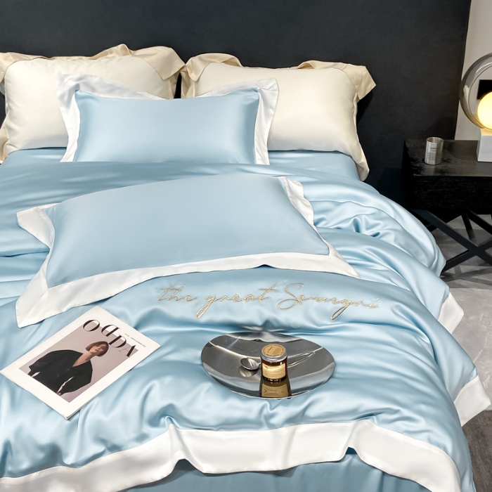 91家纺网 家纺一手货源 找家纺 春夏新品超细旦冷凝刺绣四件套100%莱赛尔高档礼盒装 冰蓝-缦悦-超细旦