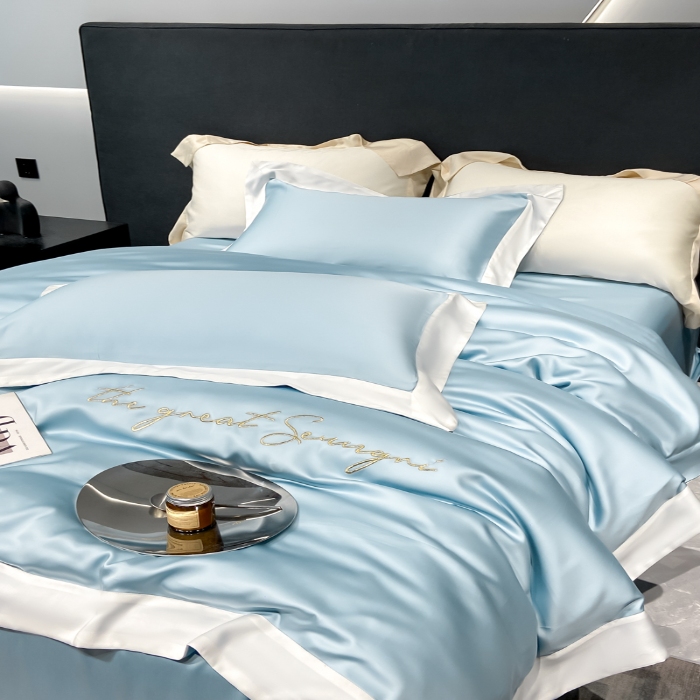 91家纺网 家纺一手货源 找家纺 春夏新品超细旦冷凝刺绣四件套100%莱赛尔高档礼盒装 冰蓝-缦悦-超细旦