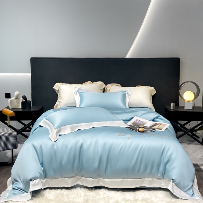 91家纺网 家纺一手货源 找家纺 春夏新品超细旦冷凝刺绣四件套100%莱赛尔高档礼盒装 冰蓝-缦悦-超细旦