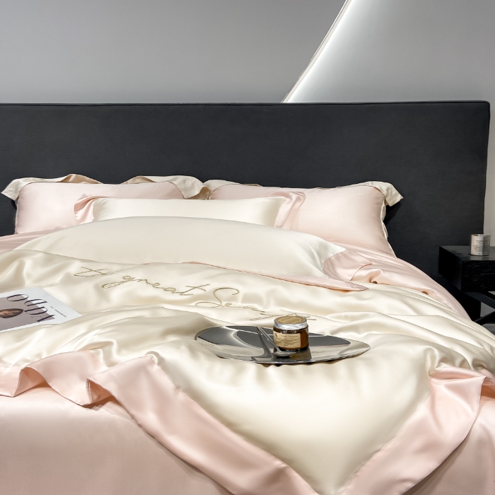 91家纺网 家纺一手货源 找家纺 春夏新品超细旦冷凝刺绣四件套100%莱赛尔高档礼盒装 奶昔白-缦悦-超细旦