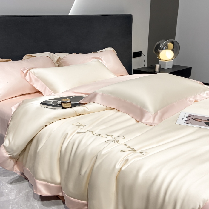 91家纺网 家纺一手货源 找家纺 春夏新品超细旦冷凝刺绣四件套100%莱赛尔高档礼盒装 奶昔白-缦悦-超细旦