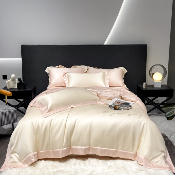 91家纺网 家纺一手货源 找家纺 春夏新品超细旦冷凝刺绣四件套100%莱赛尔高档礼盒装 奶昔白-缦悦-超细旦