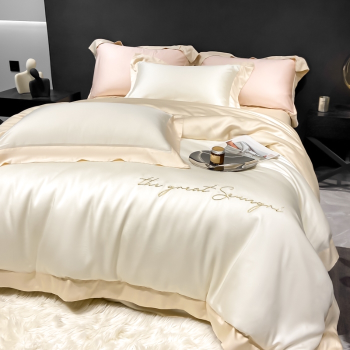 91家纺网 家纺一手货源 找家纺 春夏新品超细旦冷凝刺绣四件套100%莱赛尔高档礼盒装 白金-缦悦-超细旦