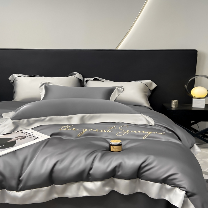 91家纺网 家纺一手货源 找家纺 春夏新品超细旦冷凝刺绣四件套100%莱赛尔高档礼盒装 高级灰-缦悦-超细旦