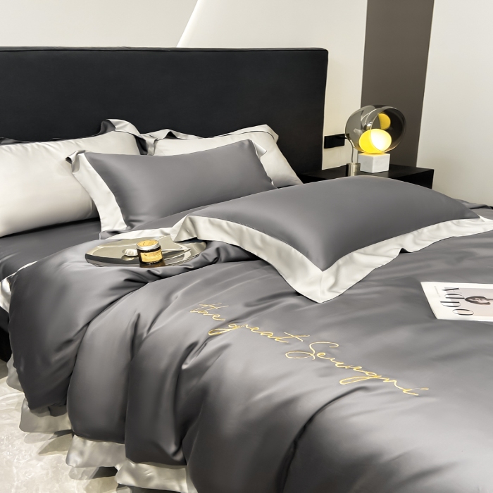 91家纺网 家纺一手货源 找家纺 春夏新品超细旦冷凝刺绣四件套100%莱赛尔高档礼盒装 高级灰-缦悦-超细旦